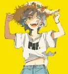  1girl :d absurdres arms_up blue_pants denim facing_viewer grey_hair hat highres jeans looking_up magotsuki_(hurray) original pants shirt simple_background smile solo straw_hat teeth tied_shirt white_shirt wind yellow_background 