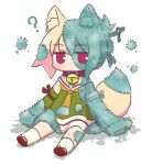  1girl ? animal_ear_fluff animal_ears bare_shoulders bell blonde_hair brown_collar collar commentary_request detached_sleeves dress fox_ears fox_girl fox_tail green_dress green_sleeves hair_bun hair_ornament highres jingle_bell kemomimi-chan_(naga_u) looking_at_viewer mold naga_u neck_bell original red_footwear sailor_collar sailor_dress shadow simple_background sitting sleeveless sleeveless_dress sleeves_past_fingers sleeves_past_wrists socks solo tail violet_eyes white_background white_sailor_collar white_socks zouri 