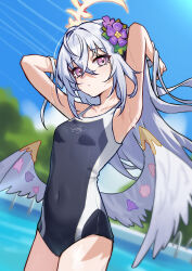  1girl absurdres amamiyayk arms_up azusa_(blue_archive) bare_arms bare_shoulders black_one-piece_swimsuit blue_archive blue_sky blush closed_mouth flower hair_flower hair_ornament halo highres long_hair looking_at_viewer one-piece_swimsuit outdoors school_swimsuit sky solo swimsuit violet_eyes wet wings 