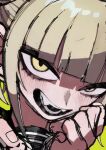  1girl bangs blonde_hair blunt_bangs blush boku_no_hero_academia chappii_(paon_gunsou) clenched_hand commentary_request eyelashes fangs green_background looking_at_viewer open_mouth portrait sidelocks simple_background solo toga_himiko yellow_eyes 