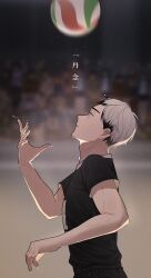  1boy adam's_apple arm_up black_hair black_shirt black_shorts eringi895 from_side grey_hair haikyuu!! head_back highres kita_shinsuke looking_up male_focus multicolored_hair parted_bangs shirt shirt_tucked_in short_hair short_sleeves shorts solo sportswear sweat translation_request two-tone_hair upper_body volleyball_(sport) volleyball_uniform 