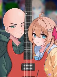  1boy 1girl ahoge bald blue_bow blue_bowtie blue_eyes blue_sailor_collar bow bowtie brown_hair cardigan commentary_request commission from_side green_eyes green_hoodie guitar hair_between_eyes hair_intakes hair_ornament hair_ribbon heart heart_hair_ornament highres hood hoodie instrument long_hair long_sleeves looking_at_viewer neuro-sama neuro-sama_(1st_costume) one_eye_closed personification red_ribbon ribbon sailor_collar two_side_up upper_body vedal987 vedal_ai virtual_youtuber wjcwzbdhs yellow_cardigan 
