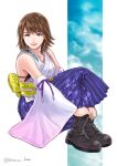  1girl blue_eyes brown_hair closed_mouth clouds detached_sleeves final_fantasy final_fantasy_x full_body green_eyes hair_ornament hakama hakama_skirt heterochromia inai_kaoru japanese_clothes jewelry looking_at_viewer short_hair skirt smile solo yuna_(ff10) 