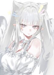  1girl absurdres animal_ear_fluff animal_ears bare_shoulders breasts closed_mouth commentary_request detached_sleeves dress extra_ears facial_mark grey_eyes heart heart_facial_mark highres korean_commentary krabking large_breasts long_hair looking_at_viewer original pointy_ears simple_background solo star_(symbol) star_facial_mark upper_body white_background white_dress white_hair white_sleeves white_wings wings 
