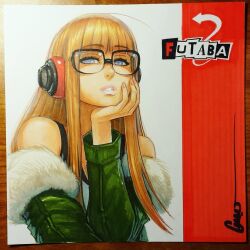  1girl ahoge artist_name bare_shoulders behind-the-head_headphones black-framed_eyewear black_tank_top blunt_bangs fur-trimmed_jacket fur_trim glasses green_jacket hand_on_own_chin headphones jacket lips long_hair looking_at_viewer off_shoulder omar_dogan open_clothes open_jacket orange_hair parted_lips persona persona_5 photoshop_(medium) pink_lips red_background sakura_futaba sidelocks sideways_glance signature solo tank_top traditional_media two-tone_background violet_eyes white_background 