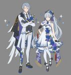1boy 1girl alternate_costume bangs black_gloves black_vest blue_flower blue_hair blue_necktie blunt_bangs braid brother_and_sister cape closed_mouth coat crossed_arms dress floral_print flower full_body genshin_impact gloves grey_background hair_between_eyes hair_flower hair_ornament hair_ribbon hand_fan highres holding holding_fan kamisato_ayaka kamisato_ayato long_sleeves necktie pants papajay_(jennygin2) parted_lips ribbon siblings side_braid simple_background sleeveless sleeveless_dress sparkle standing symbol-only_commentary tassel thigh-highs tress_ribbon vest white_dress white_pants white_thighhighs