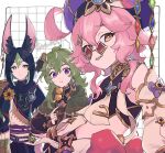  1boy 2girls ahoge animal_ear_fluff animal_ears bangs black_hair collei_(genshin_impact) crop_top detached_sleeves dori_(genshin_impact) ear_piercing earrings eating flower food genshin_impact gn4othi61 green_hair hair_ornament hat holding holding_food jewelry long_hair multicolored_hair multiple_girls orange_eyes piercing pink_hair purple_headwear short_hair_with_long_locks simple_background skewer streaked_hair sunglasses tassel tighnari_(genshin_impact) twitter_username upper_body violet_eyes yellow_flower 