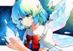  1girl blue_bow blue_dress blue_eyes blue_hair blush bow cirno collared_shirt dress fairy hair_between_eyes hair_bow highres ice ice_wings open_mouth puffy_short_sleeves puffy_sleeves qqqrinkappp shirt short_hair short_sleeves solo touhou traditional_media upper_body white_shirt wings 