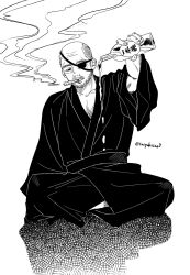  1boy balding beard bottle cigar eyepatch facial_hair full_body greyscale highres holding holding_bottle indian_style japanese_clothes kimono male_focus monochrome nippon_sangoku pouring ryumon_mitsuhide sitting smoking solo taiyakiimo3 twitter_username white_background 