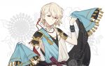  1boy absurdres alternate_costume bishounen blonde_hair bracelet earrings highres holding holding_clothes idolish_7 jewelry looking_at_viewer male_focus natsume_minami necklace red_eyes short_hair solo tassel tattoo tattoo_on_neck traditional_clothes upper_body zheyizheyi 
