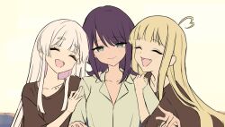  3girls ahoge black_hair blonde_hair blush cho_kaguya-hime! closed_eyes collarbone collarbone_piercing commentary_request fang girl_sandwich green_eyes grey_hair hand_on_another's_shoulder heart heart_ahoge kaguya_(cho_kaguya-hime!) long_hair mole mole_under_eye multicolored_hair multiple_girls open_mouth pink_hair pointing runami_yachiyo sakayori_iroha sandwiched short_sleeves smile soraneko_maru two-tone_hair upper_body yuri 