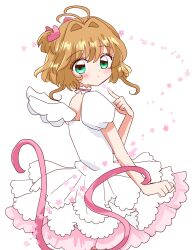  1girl antenna_hair biwako_(biwa27) brown_hair cardcaptor_sakura dress green_eyes highres kinomoto_sakura looking_at_viewer magical_girl short_hair simple_background solo white_background white_dress wings 