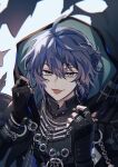  1boy blue_hair cloak earrings fingerless_gloves gloves highres hood hood_down jewelry long_sleeves looking_at_viewer mahoutsukai_no_yakusoku male_focus naruta_iyo necklace nero_turner short_hair smile solo tongue tongue_out white_background yellow_eyes 
