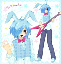  1boy 2000s_(style) :d ahoge androgynous animal_ears argyle_clothes argyle_vest arm_behind_back black_eyes black_mouth blue_border blue_hair blue_pants blue_shirt blue_shoes blue_theme blue_vest blush_stickers border bow bowtie buttons character_name collared_shirt commentary cowlick electric_guitar empty_eyes english_commentary faux_retro_artstyle five_nights_at_freddy's five_nights_at_freddy's_2 full_body green_eyes grey_pants guitar hair_over_one_eye hand_up highres holding holding_guitar holding_instrument humanization instrument jelly_(bonnybel) lace lace_border lapels long_sleeves looking_at_viewer male_focus multiple_views musical_note musical_staff one_eye_covered open_mouth ornate_border outside_border pants pink_bow pink_bowtie playing_guitar playing_instrument puffy_long_sleeves puffy_sleeves rabbit_boy rabbit_ears shirt shoes short_hair simple_background smile standing star_(symbol) star_symbol_background striped_clothes striped_pants striped_shirt toy_bonnie traditional_bowtie twitter_username two-tone_pants two-tone_shirt upper_body vertical-striped_clothes vertical-striped_pants vertical-striped_shirt vest waving white_background white_shirt 