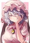  ... 1girl absurdres bat_wings blue_hair breasts closed_mouth collared_shirt hand_on_own_face hat hat_ribbon highres maboroshi_mochi medium_breasts mob_cap pink_background pink_eyes remilia_scarlet ribbon shirt short_hair touhou white_shirt wings 