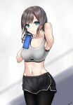  1girl absurdres arm_up armpits bangs blue_eyes bottle breasts collarbone fingernails grey_hair highres holding holding_bottle looking_at_viewer navel original ryuudg shadow short_hair short_shorts shorts signature simple_background small_breasts smile sports_bra sportswear stomach sweat thigh-highs water_bottle white_background 