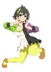  1girl :p black_hair breasts dress full_body green_eyes hair_ornament highres looking_at_viewer original pantyhose short_hair simple_background smile solo tongue tongue_out white_background yellow_nails yellow_pantyhose yuu_(1007yu) 