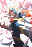  1boy absurdres android arm_cannon armor blurry blurry_foreground bodysuit closed_mouth copy_x_(mega_man) gloves helmet highres male_focus mega_man_(series) mega_man_zero perspective red_eyes solo tanziya_(codlxcold) weapon white_background white_gloves wings 