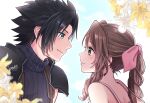  1boy 1girl aerith_gainsborough armor bare_shoulders black_hair blue_eyes blue_sky blurry blurry_foreground blush braid braided_ponytail brown_hair close-up couple crisis_core_final_fantasy_vii dress final_fantasy final_fantasy_vii flower green_eyes hair_ribbon highres kt9_ct long_hair looking_at_another pink_ribbon ribbon shoulder_armor sky sleeveless sleeveless_dress spiky_hair sweater turtleneck turtleneck_sweater upper_body zack_fair 
