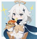  1girl absurdres bangs blue_eyes blush burger dress eating food genshin_impact grey_hair hair_between_eyes hair_ornament halo highres holding holding_food long_sleeves measho mouth_hold paimon_(genshin_impact) scarf simple_background solo sparkle sweat two-tone_background white_dress 