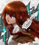  1girl :d bangs brown_hair character_name collared_shirt copyright_name floating_hair from_side hair_between_eyes highres long_hair makise_kurisu necktie open_mouth red_necktie shirt smile solo steins;gate sterben straight_hair violet_eyes white_shirt wing_collar 