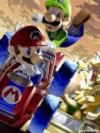  4boys arm_up armlet artist_name blue_eyes blue_overalls bowser bowser_jr. bracelet brothers brown_hair buttons claws clouds driving facial_hair father_and_son gloves go-kart green_headwear green_shirt hat highres holding horns jewelry long_sleeves looking_at_another looking_back luigi male_focus mario mario_kart mario_kart:_double_dash!! multiple_boys mustache open_mouth orange_sky outdoors overalls red_eyes red_headwear red_shirt redhead sharp_teeth shell shirt short_hair siblings sky spiked_armlet spiked_bracelet spiked_shell spikes stadium sunset super_mario_bros. teeth twitter_username upper_teeth_only v-shaped_eyebrows white_gloves yuuma_rimi 