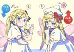  1girl alternate_hairstyle blonde_hair blue_eyes blush bow commentary_request dress fairy fairy_wings fanning_self flower flower-shaped_pupils full-face_blush hat highres lily_white long_hair nama_udon ponytail sidelocks symbol-shaped_pupils touhou translation_request wings 