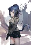  1girl animal_ears arknights black_shirt black_shorts blue_hair cat_ears cat_girl cat_tail cowboy_shot green_eyes grey_jacket gun handgun headset highres holding holding_gun holding_weapon implied_extra_ears jacket jessica_(arknights) knee_pads long_hair long_sleeves looking_at_viewer mamera1129 multicolored_hair open_clothes open_jacket pink_hair ponytail shirt shorts single_knee_pad sketch solo streaked_hair sweatdrop tail weapon 