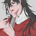  1boy bishounen black_hair black_nails braid chinese_clothes cosmetics earrings eyepatch highres hua_cheng jewelry lipstick_tube long_hair long_sleeves male_focus shiyangtacit solo string string_of_fate tian_guan_ci_fu wide_sleeves 