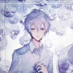  1boy 982466932 ahoge bishounen crying crying_with_eyes_open idolish_7 looking_at_viewer male_focus osaka_sougo shirt short_hair solo sparkle tears upper_body violet_eyes wet wet_clothes white_hair white_shirt 