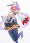  1boy astolfo_(fate) black_bow blush bow detached_sleeves fang fate/apocrypha fate/grand_order fate_(series) hair_intakes highres long_hair male_focus multicolored_hair open_mouth otoko_no_ko pink_hair pleated_skirt simple_background skin_fang skirt smile solo streaked_hair violet_eyes waterstaring white_background 