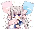  1girl animal_ear_fluff animal_ears balloon bangs blue_sailor_collar blush bow cat_ears cat_girl cat_tail commentary_request confetti covered_mouth dress frilled_pillow frills grey_background grey_hair hair_between_eyes hair_ribbon heart long_hair long_sleeves nakkar object_hug original pillow pillow_hug pink_bow pink_ribbon puffy_long_sleeves puffy_sleeves ribbon sailor_collar sleeves_past_wrists solo tail tail_raised twintails twitter_username two-tone_background upper_body very_long_hair violet_eyes white_background white_dress 