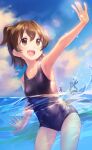  1girl akagi_miria armpits bangs blue_sky blue_swimsuit breasts brown_eyes brown_hair clouds collarbone commentary cover day hair_between_eyes hand_up idolmaster idolmaster_cinderella_girls kawaseki looking_away open_mouth outdoors outstretched_arm partially_submerged school_swimsuit short_hair short_twintails sky small_breasts smile solo sparkle sunlight swimsuit teeth thighs twintails upper_teeth water water_drop wet 