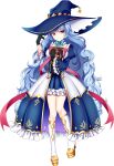  1girl agekichi_(heart_shape) artwhirl_mahou_gakuen_no_otome-tachi black_gloves blue_bow blue_bowtie blue_hair blue_headwear blue_skirt bow bowtie choker closed_mouth curly_hair full_body gloves hat highres holding kneehighs layered_skirt long_hair long_sleeves looking_at_viewer miniskirt pleated_skirt red_eyes silvia_(artwhirl) skirt smile socks solo standing transparent_background very_long_hair waist_cape white_choker witch_hat 