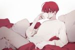  1boy bangs bowl_cut covered_mouth cup drinking feet_out_of_frame hair_over_eyes hand_up holding holding_cup knee_up long_sleeves looking_at_viewer male_focus original pants pillow reclining redhead shirt short_hair sketch solo uhui white_background white_shirt 