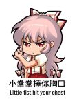  1girl bow chinese_text closed_mouth english_text fujiwara_no_mokou hair_between_eyes hair_bow jokanhiyou long_hair pants puffy_short_sleeves puffy_sleeves red_bow red_eyes red_pants shirt short_sleeves simple_background simplified_chinese_text solo suspenders touhou white_background white_hair white_shirt 