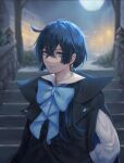  1boy black_jacket blue_bow blue_eyes blue_hair bow bowtie earrings full_moon hair_between_eyes hand_on_hip highres jacket jewelry lamp long_sleeves looking_at_viewer male_focus moon multiple_earrings popped_collar shirt solo stairs upper_body vanitas_(vanitas_no_carte) vanitas_no_carte white_shirt zieru 