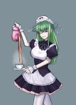  1girl absurdres apron breasts collar cup detached_sleeves eyebrows_hidden_by_hair frilled_skirt frills green_hair hair_ribbon highres kobayakawa_chinu long_hair maid maid_apron maid_headdress non-web_source one_eye_closed open_mouth pantyhose pouring rance_(series) ribbon sengoku_rance shaded_face simple_background skirt smile solo steam teacup teapot tesanu violet_eyes 