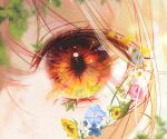  1girl bangs blonde_hair blue_flower blurry close-up commentary english_commentary eye_focus flower highres leaf looking_at_viewer moon_so_00 orange_eyes original pink_flower pink_rose rose solo sunflower 