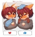  1girl :3 ^_^ absurdres animal_ear_fluff animal_ears animal_nose bangs blush bob_cut border breasts bright_pupils brown_fur brown_hair chinese_commentary clenched_hands closed_eyes closed_mouth commentary_request disembodied_limb emoji english_text fang furry furry_female gradient gradient_background grey_background grey_sweater half-closed_eyes hand_on_another&#039;s_chin hand_on_another&#039;s_head hands_up happy headpat heart highres long_sleeves looking_at_viewer medium_breasts multicolored_fur multiple_views open_mouth orange_fur original outside_border red_eyes shiny shiny_hair short_hair sidelocks simple_background smile snout speech_bubble spoken_heart spoken_thumbs_up stroking_another&#039;s_chin sweater upper_body wavy_mouth white_border white_fur white_pupils wolf_ears wolf_girl wolf_girl_(yellowparrot) yellowparrot 