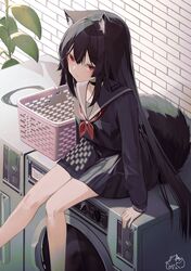  1girl absurdres animal_ear_fluff animal_ears bangs black_choker black_hair black_sailor_collar black_serafuku black_shirt black_skirt blush brick_wall choker closed_mouth commentary_request dated feet_out_of_frame hair_between_eyes highres knees_together_feet_apart laundry_basket long_hair long_sleeves looking_at_viewer mayogii neckerchief original plant pleated_skirt red_eyes red_neckerchief sailor_collar school_uniform serafuku shirt signature sitting skirt solo tail very_long_hair washing_machine 