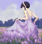  1girl absurdres alternate_costume anya_(spy_x_family) bare_arms black_hair closed_mouth day dress field flower flower_field hairband highres lavender_(flower) outdoors profile purple_dress purple_flower red_eyes shiny shiny_hair short_hair_with_long_locks shoulder_blades sidelocks skirt_hold sleeveless sleeveless_dress smile solo_focus spy_x_family sundress yellow_hairband yor_briar zhanghengczkd 