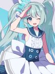  1girl ;d absurdres armpits bangs blue_archive bracelet commentary_request green_eyes green_hair hair_between_eyes halo hatsune_miku highres idol idol_clothes jewelry long_hair looking_at_viewer one_eye_closed salute sidelocks simple_background sleeveless smile solo twintails uhouhogorigori vocaloid 