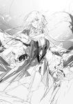  1girl a9712mob arknights ascot bangs dress frilled_sleeves frills gladiia_(arknights) gladiia_(return)_(arknights) gloves greyscale highres long_hair long_sleeves looking_to_the_side monochrome official_alternate_costume partially_fingerless_gloves pointy_ears sketch solo vest 