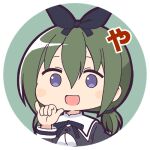  1girl :d assault_lily bangs black_bow black_ribbon blush bow buttons chibi circle commentary_request cropped_jacket green_background green_hair hair_between_eyes hair_bow hand_up juliet_sleeves long_hair long_sleeves looking_at_viewer low_twintails lowres masaki_itsuki neck_ribbon no_pupils open_mouth portrait puffy_sleeves ribbon round_image school_uniform shaka_sign shirt sign_language simple_background smile solo translated transparent_background twintails violet_eyes white_shirt yamanashi_hibari yurigaoka_girls_academy_school_uniform 