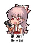  1girl bow cellphone chinese_text collared_shirt english_text fujiwara_no_mokou hair_between_eyes hair_bow holding holding_phone jokanhiyou long_hair lowres open_mouth pants phone red_eyes red_pants shirt short_sleeves simple_background smartphone solo suspenders touhou white_background white_bow white_hair white_shirt 