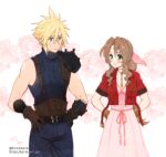  1boy 1girl :3 aerith_gainsborough armor bangle bangs belt blonde_hair blue_eyes blue_pants blue_shirt blush bracelet brown_gloves brown_hair choker cloud_strife cropped_jacket dress final_fantasy final_fantasy_vii final_fantasy_vii_remake flower_choker gloves green_eyes hair_between_eyes hair_ribbon hands_on_hips imitating jacket jewelry krudears long_dress long_hair looking_at_another multiple_belts pants parted_bangs pink_dress pink_ribbon red_jacket ribbon shirt short_hair short_sleeves shoulder_armor sidelocks sleeveless sleeveless_turtleneck spiky_hair sundress suspenders turtleneck upper_body wavy_hair white_background 