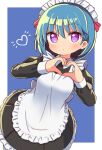  1girl apron bangs black_dress blue_background blue_hair breasts closed_mouth collared_dress commentary_request dohna_dohna_issho_ni_warui_koto_o_shiyou dress frilled_apron frilled_dress frills hair_between_eyes hands_up heart heart_hands highres juliet_sleeves long_sleeves mob_(dohna_dohna) naga_u pleated_dress puffy_sleeves small_breasts solo two-tone_background violet_eyes white_apron white_background 