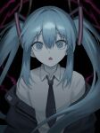  1girl @_@ absurdres bags_under_eyes bangs blue_hair chestnut_mouth collared_shirt empty_eyes hair_intakes hair_ornament hatsune_miku highres jacket kkamkkam long_hair looking_up necktie off_shoulder open_mouth ringed_eyes shirt solo tie_clip twintails vocaloid 