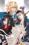  4boys absurdres black_hair blonde_hair facing_to_the_side facing_viewer highres kogitsunemaru kouryuu_kagemitsu long_hair looking_at_viewer male_focus multiple_boys nihongou_(touken_ranbu) ponytail short_hair tarou_tachi touken_ranbu violet_eyes wavy_hair white_background white_hair yellow_eyes zasikirou 